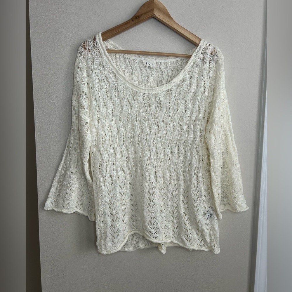 POL White Crochet Knit Scoop Neck Bell Sleeves Sweater Size M